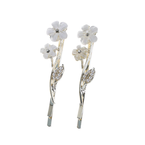 Hair Pins, White Flowers, 2 Pk